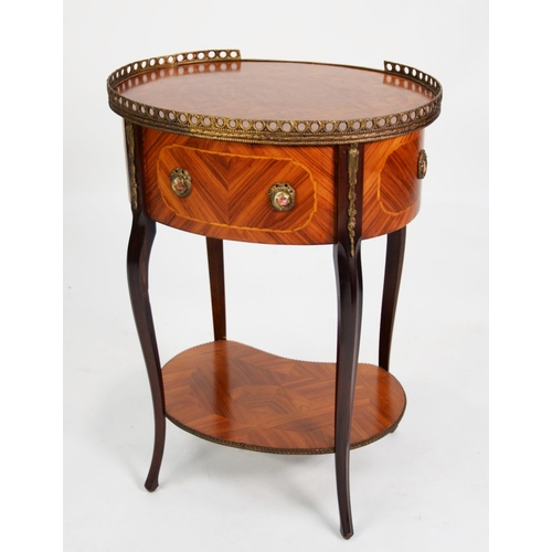 206 - LOUIS XVI STYLE KINGWOOD AND PARQUETRY INLAID OCCASIONAL TABLE, of ova form with three quarter galle... 