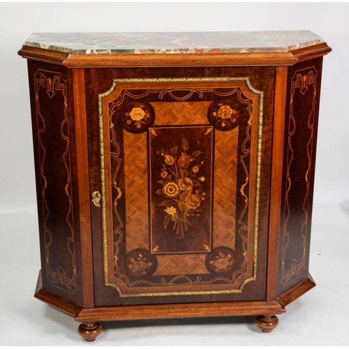 207 - DUTCH STYLE BURR WALNUT AND MARQUETRY INLAID SIDE CABINET WITH VEINED MARBLE TOP, the chamfered oblo... 