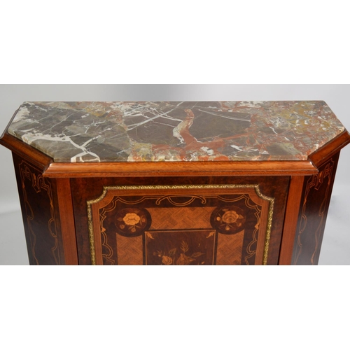 207 - DUTCH STYLE BURR WALNUT AND MARQUETRY INLAID SIDE CABINET WITH VEINED MARBLE TOP, the chamfered oblo... 