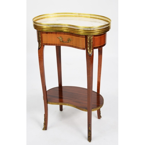 208 - LOUIS XVI STYLE MAHOGANY AN GILT METAL MOUNTED OCCASIONAL TABLE WITH WHITE VEINED MARBLE TOP, kidney... 