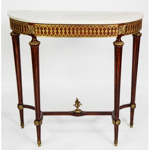 209 - LOUIS XVI STYLE GILT METAL MOUNTED MAHOGANY SIDE TABLE WITH WHITE VEINED MARBLE TOP, the D shaped to... 