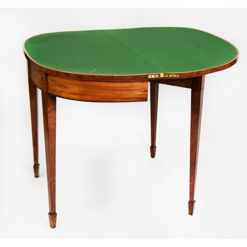 160 - GEORGE III LINE INLAID AND FIGURED MAHOGANY CARD TABLE, the fold over D shaped top with central flam... 