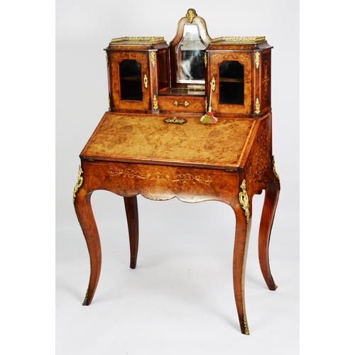 161 - NINETEENTH CENTURY ORMOLU MOUNTED AND INLAID BURR WALNUT BUREAU DE DAME, the foliate scroll inlaid s... 