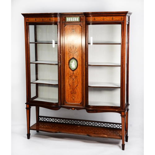 162 - LATE VICTORIAN INLAID MAHOGANY AND SATINWOOD YOKE FRONTED DISPLAY CABINET, the Greek key moulded cor... 