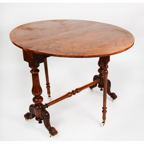 163 - VICTORIAN CARVED AND BURR WALNUT SUTHERLAND TABLE, of typical form with demi lune drop leaves and ca... 