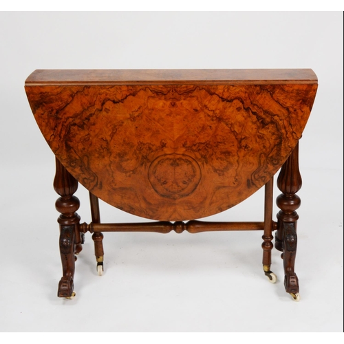 163 - VICTORIAN CARVED AND BURR WALNUT SUTHERLAND TABLE, of typical form with demi lune drop leaves and ca... 