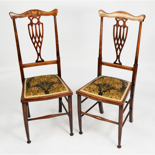 165 - PAIR OF EDWARDIAN MAHOGANY STAINED AND INLAID BEECH AND BIRCH BEDROOM CHAIRS, each with butterfly in... 