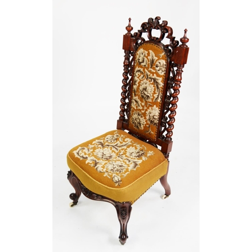 167 - VICTORIAN CARVED MAHOGANY PRIE DIEU, the tall back with central pad, barley twist uprights and fancy... 