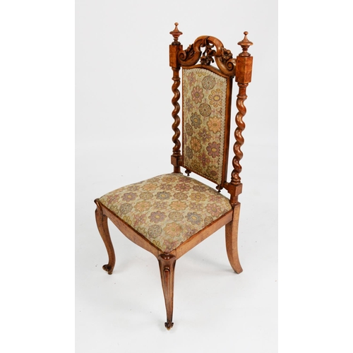 168 - NINETEENTH CENTURY FRENCH FIGURED AND CAVED WALNUT SMALL SIDE OR BEDROOM CHAIR, the tall back with c... 