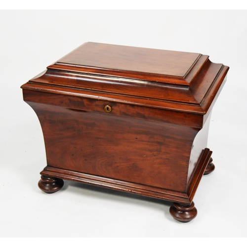 170 - WILLIAM IV FIGURED MAHOGANY CELLARETTE, the cushion moulded oblong top enclosing an eight division l... 