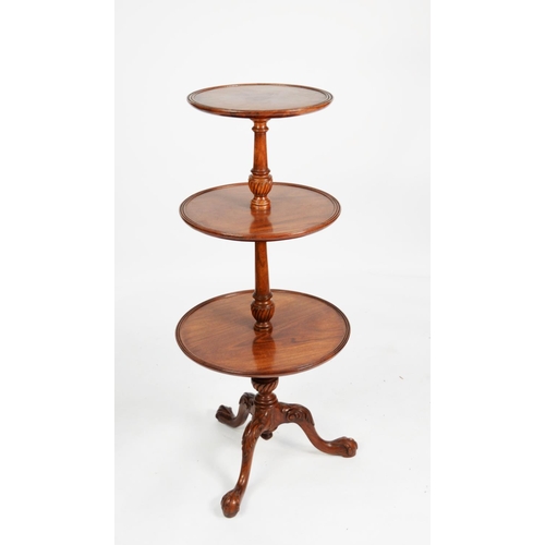 171 - NINETEENTH CENTURY CARVED MAHOGANY THREE TIER DUMB WAITER, each graduated tier with reeded border an... 