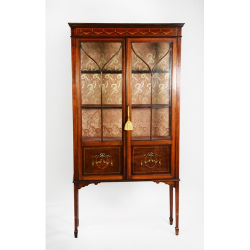 172 - EDWARDIAN LINE INLAID AND PAINTED MAHOGANY DISPLAY CABINET, the moulded cornice set above a frieze p... 