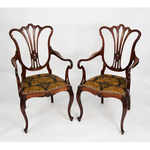 176 - PAIR OF EDWARDIAN CARVED MAHOGANY CARVER TYPE OPEN ARMCHAIRS FROM A DRAWING ROOM SUITE, each with mo... 