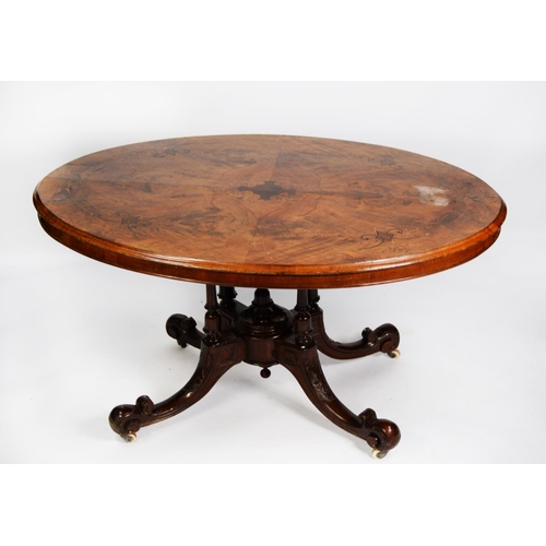 177 - VICTORIAN INLAID AND FIGURED WALNUT LOO TABLE the oval tilt top decorated with foliate scroll inlays... 