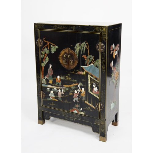 178 - TWENTIETH CENTURY ORIENTAL BLACK LACQUERED AND HARDSTONE AND BONE INLAID CHEST, the oblong top above... 