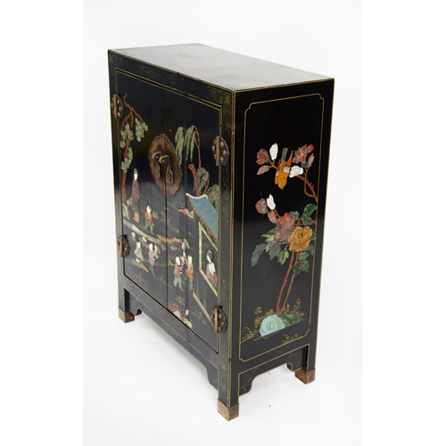 178 - TWENTIETH CENTURY ORIENTAL BLACK LACQUERED AND HARDSTONE AND BONE INLAID CHEST, the oblong top above... 