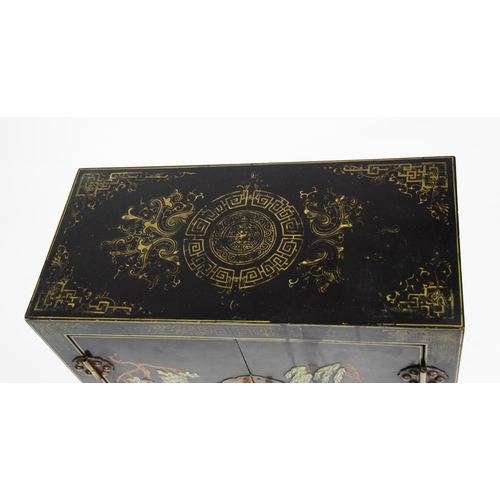 178 - TWENTIETH CENTURY ORIENTAL BLACK LACQUERED AND HARDSTONE AND BONE INLAID CHEST, the oblong top above... 