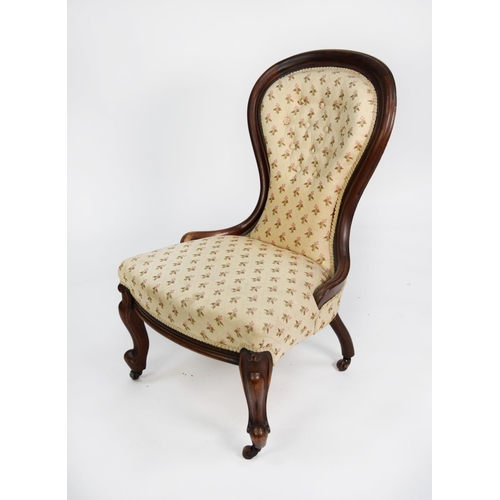 181 - LATE NINETEENTH CENTURY MAHOGANY STAINED FRUITWOOD LADY’S EASY CHAIR, the moulded show wood frame wi... 