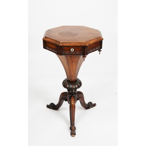 183 - LATE VICTORIAN ROSEWOOD SEWING TABLE, the hinged and moulded oblong top enclosing a fitted interior ... 