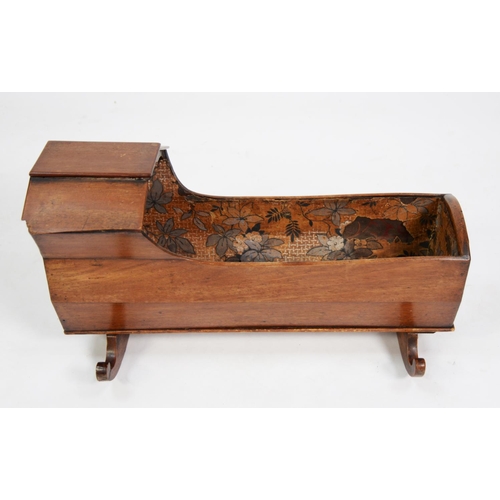 184 - VICTORIAN MAHOGANY DOLL’S CRADLE, with canopy top and chamfered sides, floral paper lined interior, ... 