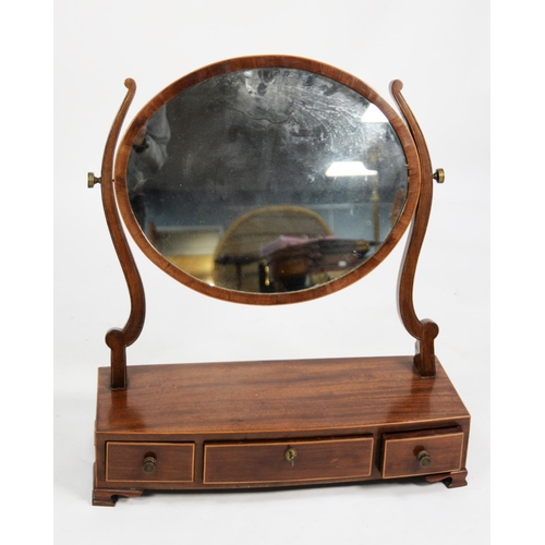 79 - GEORGE III LINE INLAID MAHOGANY TOILET MIRROR, the oval plate in a crossbanded frame, flanked by scr... 