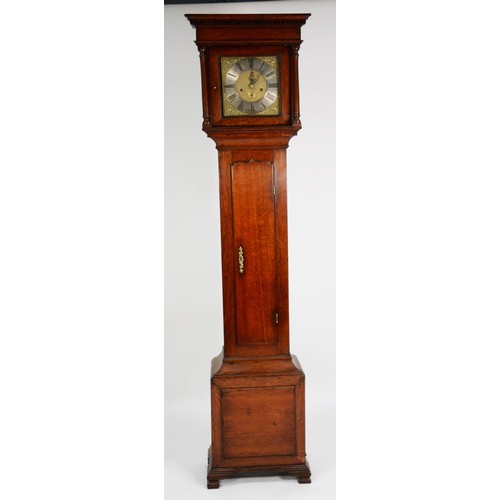 28 - (JOHN) WO(O)LLEY, CODNOR, LATE EIGHTEENTH CENTURY OAK LONGCASE CLOCK, the 10” brass dial with silver... 