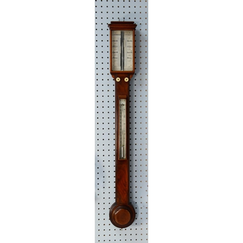 73 - ABRAHAM & C0, EARLY NINETEENTH CENTURY FIGURED MAHOGANY STICK BAROMETER, of typical form with be... 