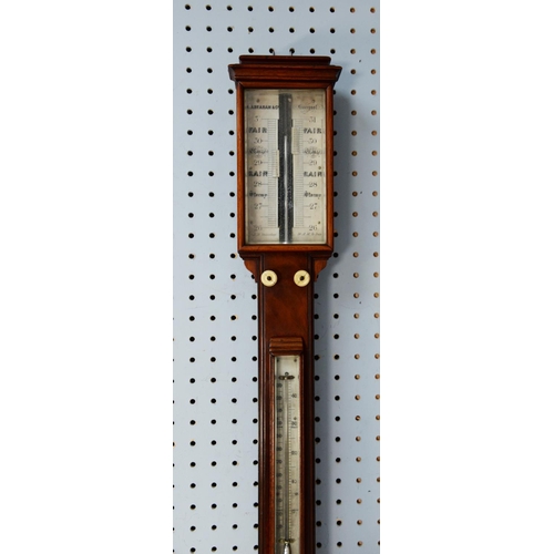 73 - ABRAHAM & C0, EARLY NINETEENTH CENTURY FIGURED MAHOGANY STICK BAROMETER, of typical form with be... 