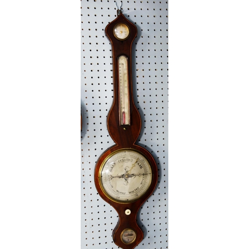 74 - GEORGE III BOXWOOD STRUNG MAHOGANY BANJO BAROMETER, with 8” silvered dial, alcohol thermometer to th... 