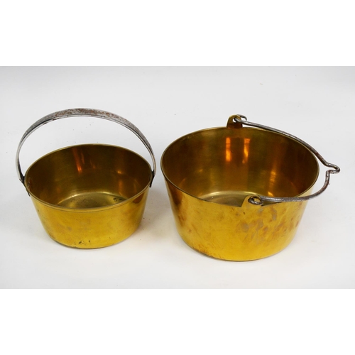 93 - TWO NINETEENTH CENTURY BRASS JAM PANS WITH IRON HANDLES, (2)