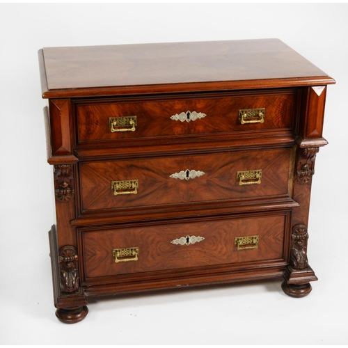 188 - LATE NINETEENTH CENTURY CONTINENTAL WALNUT CHEST OF THREE DRAWERS, the quarter cut oblong moulded to... 