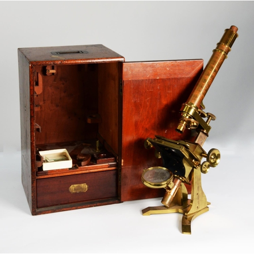 129 - BAKER, HIGH HOLBORN, LATE 19th CENTURY LARGE COMPOUND ALL-BRASS MICROSCOPE, with numerous lenses, in... 