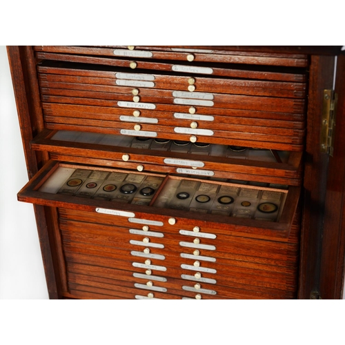 130 - VICTORIAN MAHOGANY MICROSCOPE SLIDE TABLE TOP CABINET, with caddy top and heavy brass handles to the... 