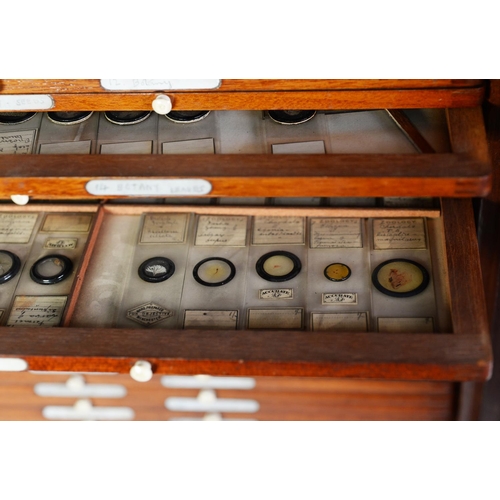 130 - VICTORIAN MAHOGANY MICROSCOPE SLIDE TABLE TOP CABINET, with caddy top and heavy brass handles to the... 