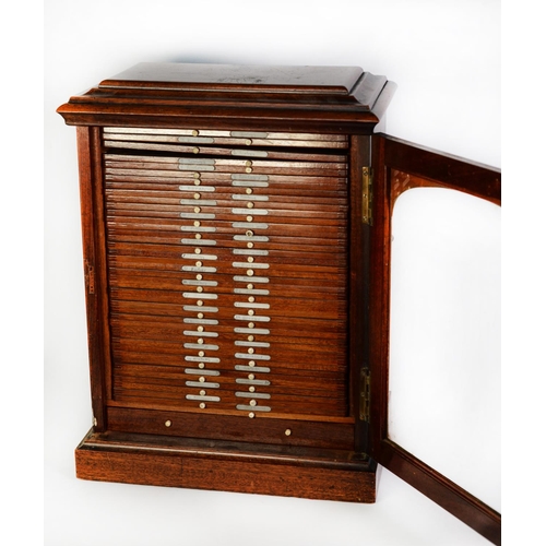 130 - VICTORIAN MAHOGANY MICROSCOPE SLIDE TABLE TOP CABINET, with caddy top and heavy brass handles to the... 