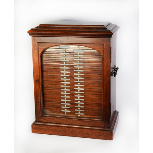 130 - VICTORIAN MAHOGANY MICROSCOPE SLIDE TABLE TOP CABINET, with caddy top and heavy brass handles to the... 