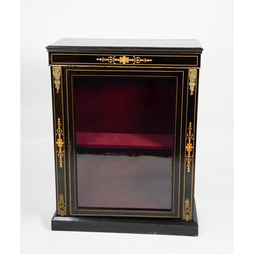 150 - VICTORIAN INLAID AND GILT METAL MOUNTED EBONISED SIDE CABINET, the oblong top above a glazed cupboar... 