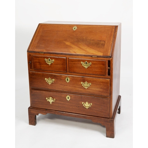 152 - GEORGE III MAHOGANY BUREAU, the interior fitted with short drawers and pigeon holes, around a centra... 