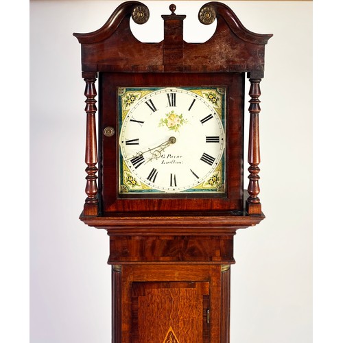 59 - EARLY NINETEENTH CENTURY INLAID OAK AND MAHOGANY CROSSBANDED LONGCASE CLOCK SIGNED G PAYNE, LUDLOW, ... 