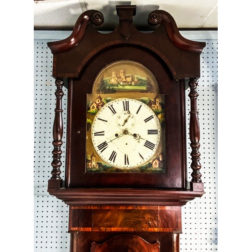 60 - NINETEENTH CENTURY FIGURED MAHOGANY LONGCASE CLOCK, the 14” painted Roman dial with subsidiary secon... 