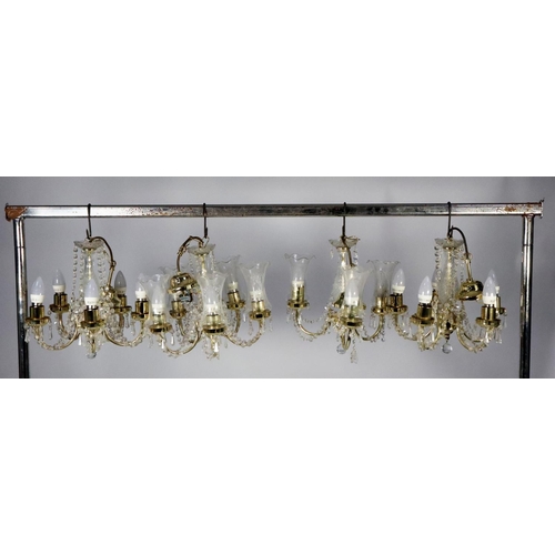 87 - MODERN SUITE OF THREE GILT METAL AND GLASS FIVE BRANCH ELECTROLIERS AND THE MATCHING THREE BRANCH EL... 