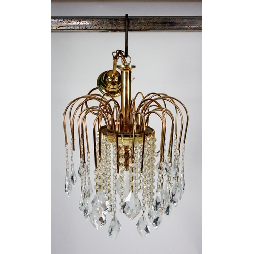 86A - MODERN GILT METAL AND GLASS CEILING LIGHT, the single bulb enclosed by three tiers of prism cut drop... 