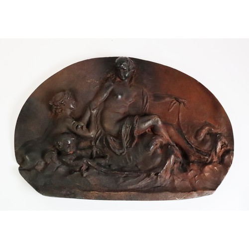 100 - REGENCY PERIOD RELIEF CAST BRONZE FIRE BACK, decorated with scene of Venus being carried ashore by d... 