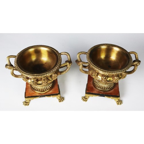 101 - PAIR OF ORMOLU TWO HANDLED WARWICK STYLE SMALL URN PATTERN RECEIVERS, each with removable liner, and... 