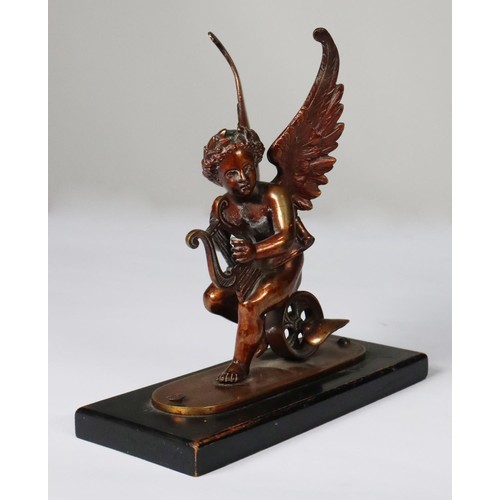 102 - PAIR OF PATINATED BRONZE FIGURES OF WINGED PUTTO, each modelled playing a lyre and sat on a winged w... 