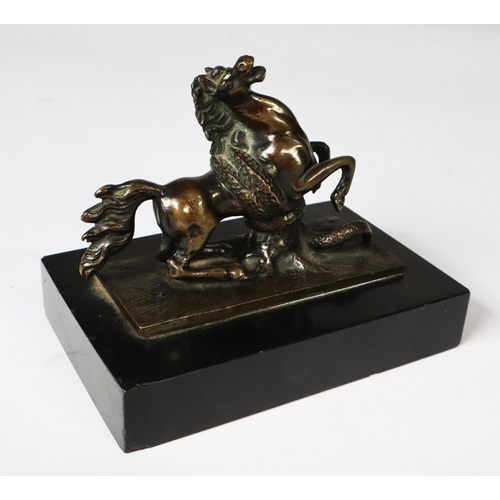 104 - PATINATED BRONZE GROUP OF A REARING HORSE BEING ATTACKED BY A LARGE SNAKE, on an oblong base, and mo... 