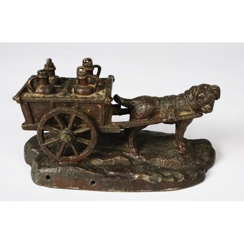 105 - PATINATED SPELTER GROUP OF A DOG PULLING A CART CONTAINING FOUR MILK CHURNS, 3 ¼” (8.2cm) high, 6” (... 