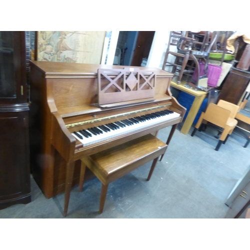 137 - KNIGHT K10 TEAK CASED, POST-WAR UPRIGHT PIANOFORTE AND THE TEAK PIANO STOOL WITH PANEL SEAT, HINGE O... 