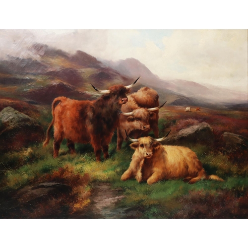 234 - JOHN W. MORRIS (C. 1865 – 1924) OIL PAINTING ON CANVAS Highland landscape with group of highland cat... 