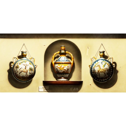 242 - CHRISTOPHER JOHN HARRISON (1945) OIL ON BOARD Trompe l’oeil of three pieces of Italian maiolica pott... 